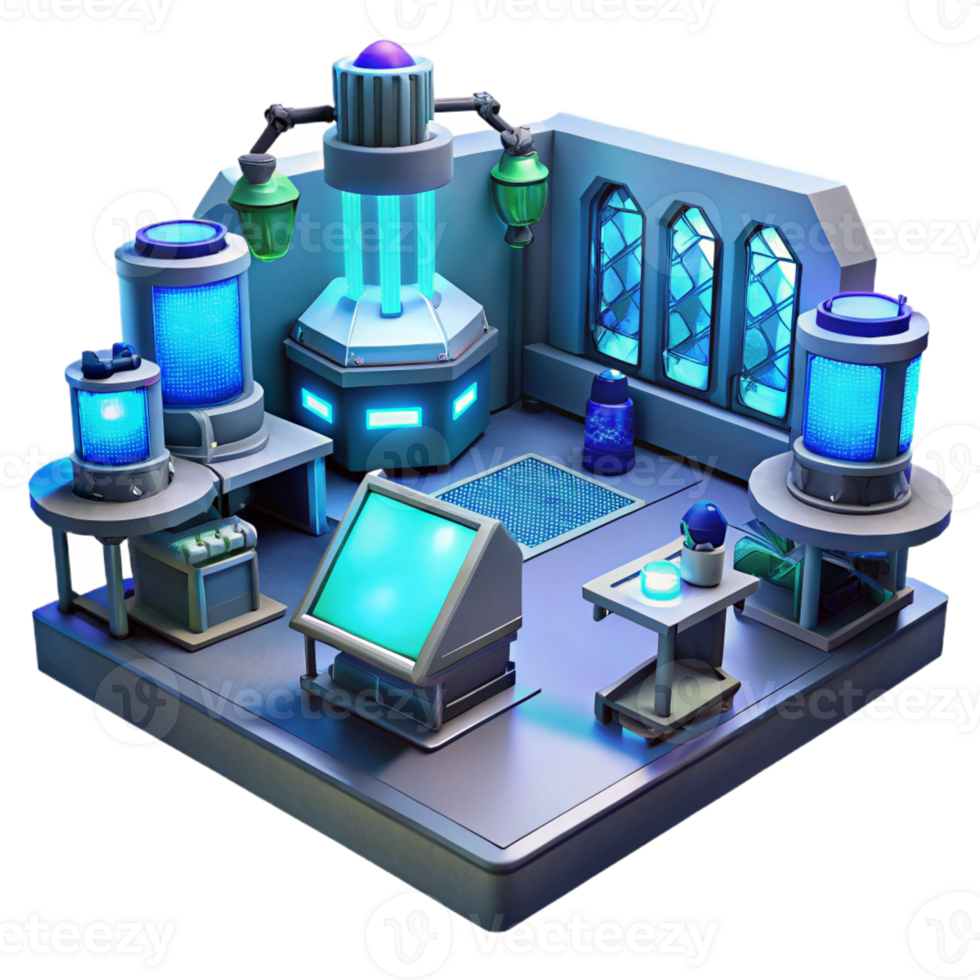elegant modern A futuristic laboratory filled with glowing screens and complex equipment, illuminated by the cool blue light of technology, in a science fiction style detailed png