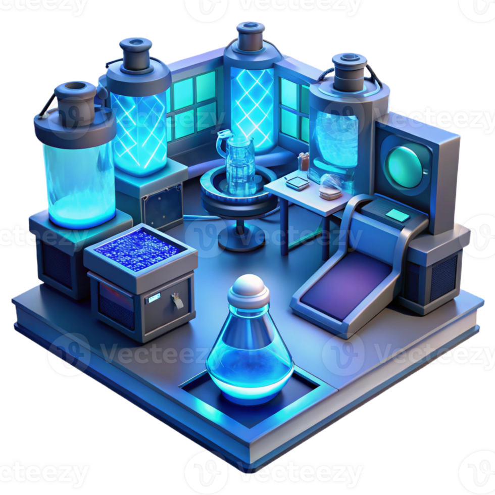 extraordinary classic A futuristic laboratory filled with glowing screens and complex equipment, illuminated by the cool blue light of technology, in a science fiction style premium png