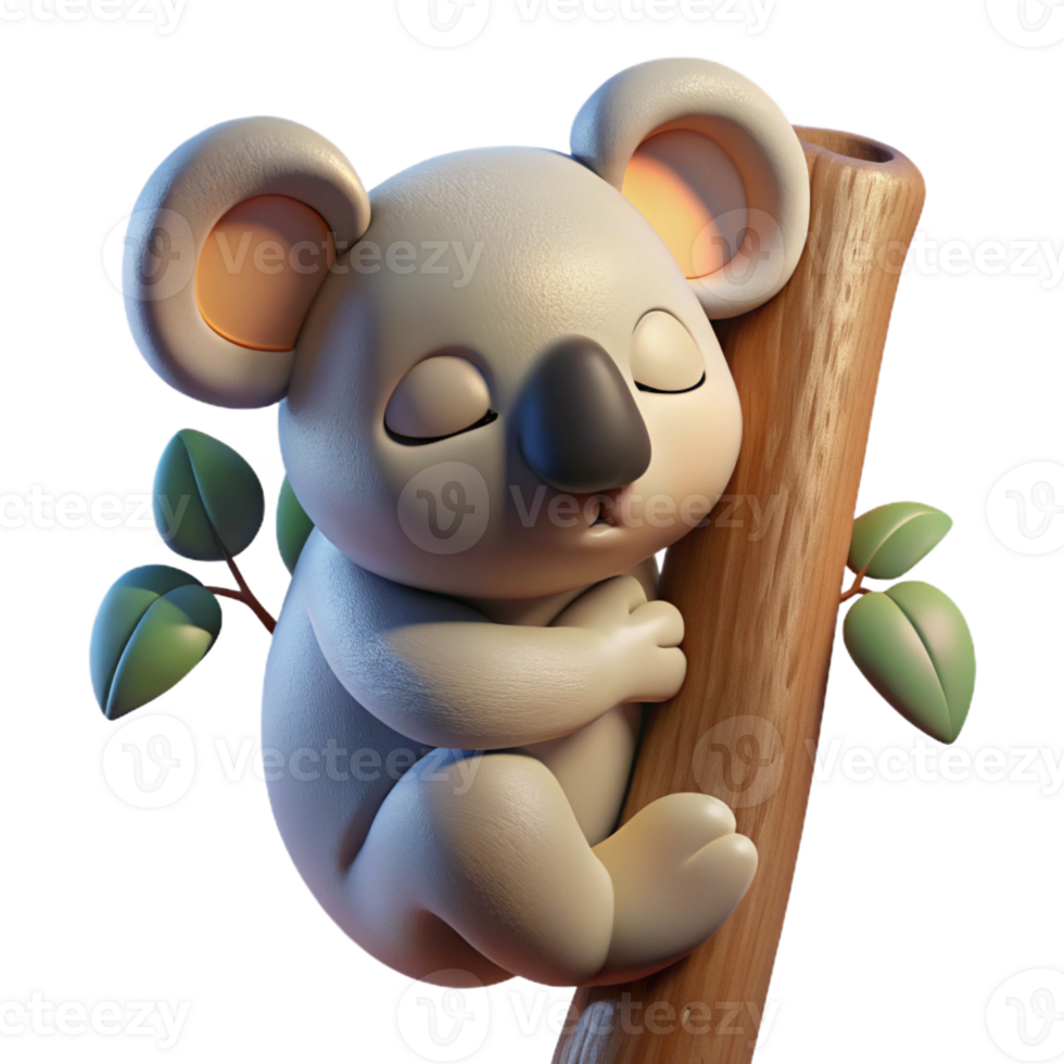 serene creative A sleepy koala clinging to a eucalyptus tree, bathed in warm sunlight. Photorealistic render, with soft lighting and detailed fur premium png