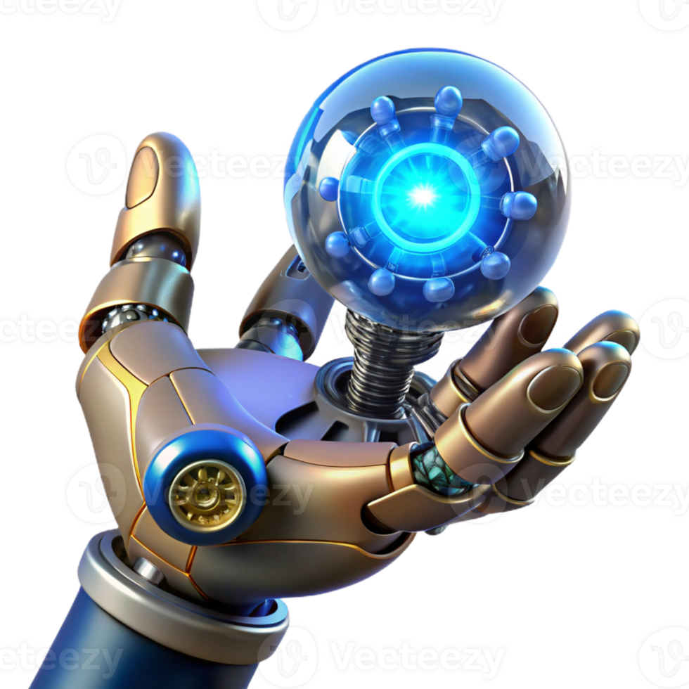 elegant contemporary A close-up of a steampunk robotic hand holding a glowing orb of energy, with intricate wires and gears visible, lit by dramatic blue light high quality png