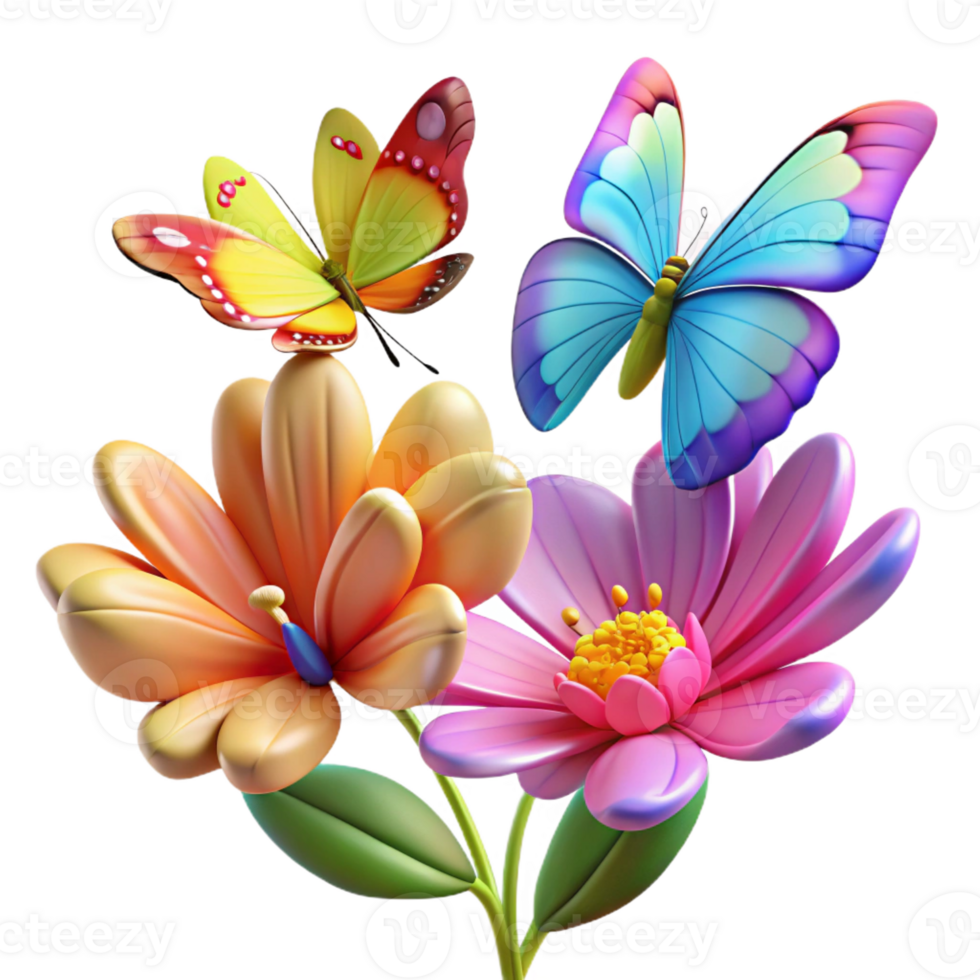 elegant abstract A group of colorful butterflies fluttering around a blooming flower. Macro photography style, with shallow depth of field and vibrant colors high resolution png
