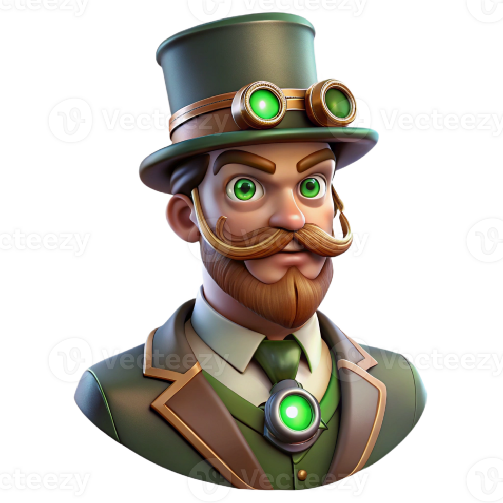 magnificent abstract A portrait of a steampunk gentleman with a monocle and top hat, adorned with intricate brass and copper details, lit by cool, green light in an art nouveau style authentic png