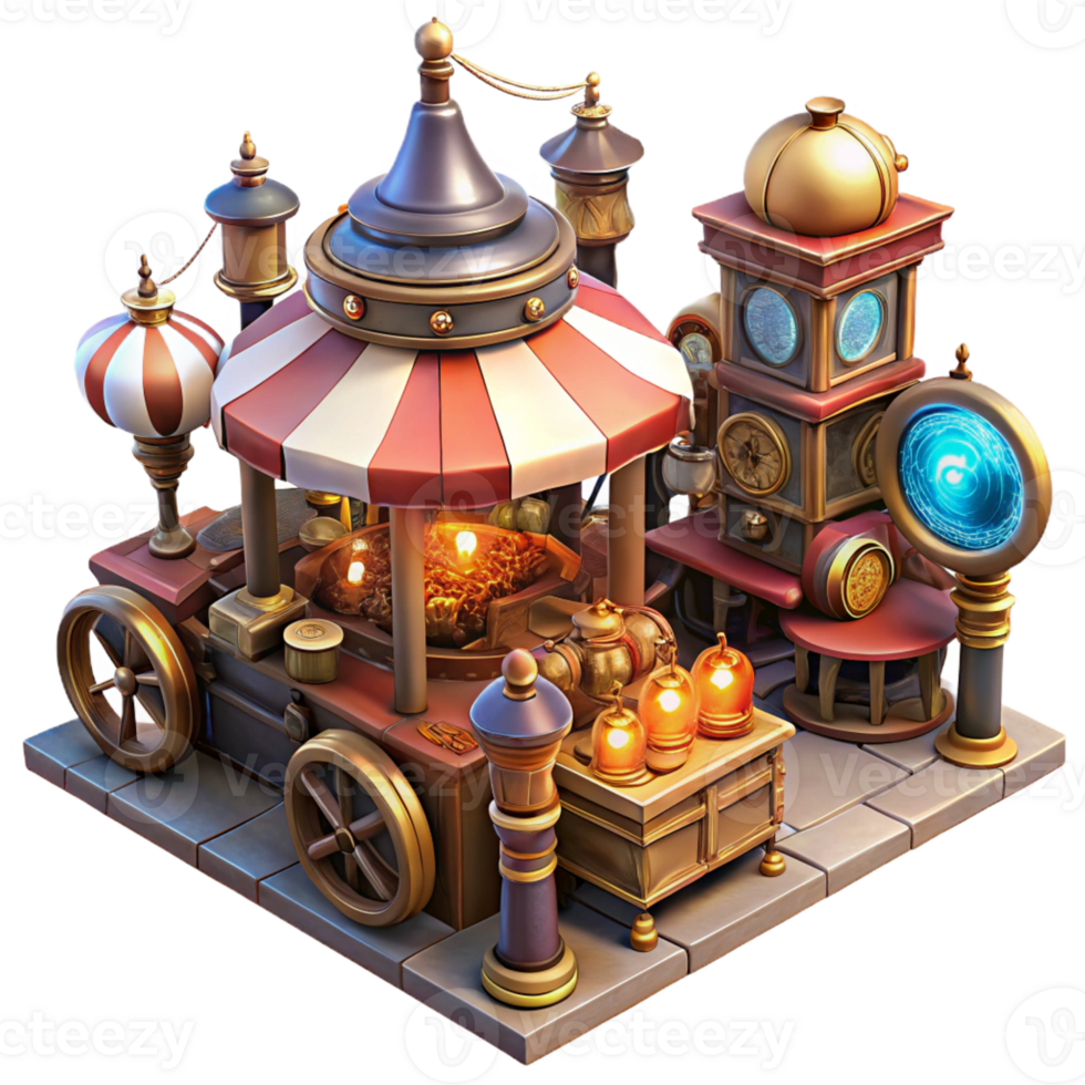 stunning creative A bustling steampunk marketplace filled with vendors selling bizarre gadgets and contraptions, lit by flickering gas lamps in a vibrant, impressionistic style genuine png