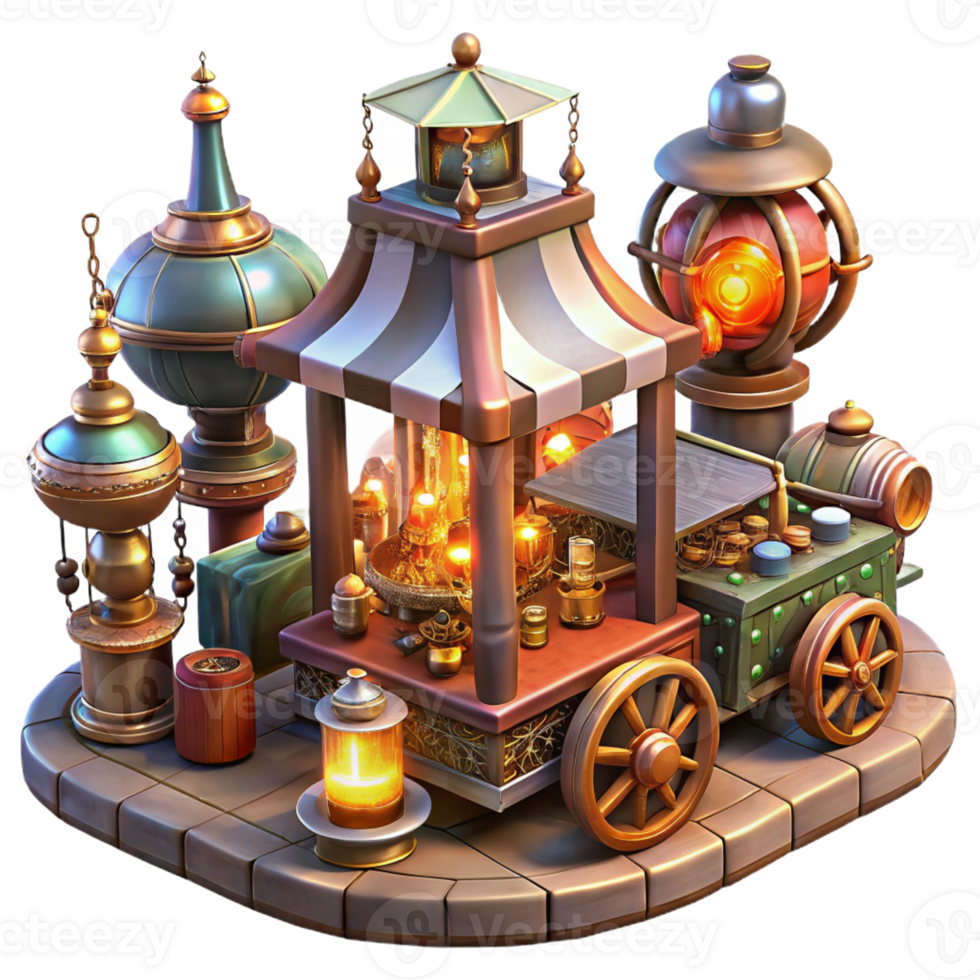 elegant abstract A bustling steampunk marketplace filled with vendors selling bizarre gadgets and contraptions, lit by flickering gas lamps in a vibrant, impressionistic style genuine png