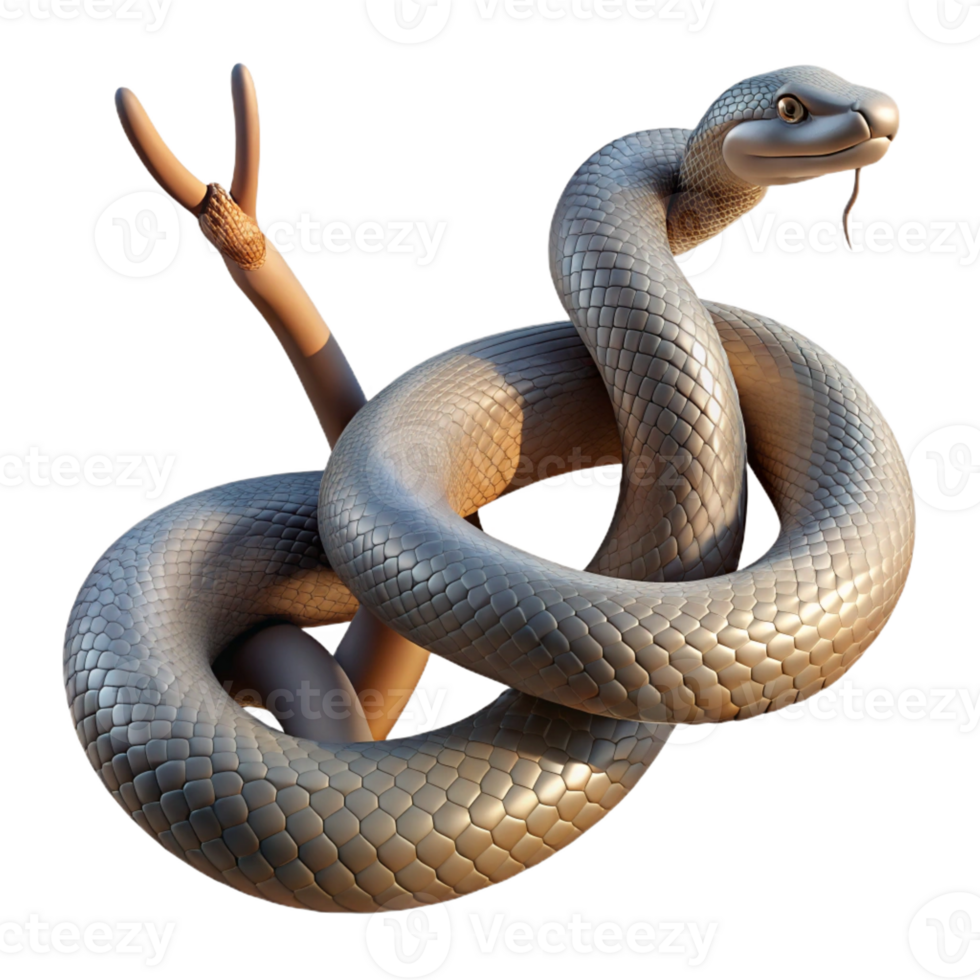 wonderful creative A slithering snake coiled around a branch, its scales glistening in the sunlight. Photorealistic render, with high contrast and sharp focus premium png