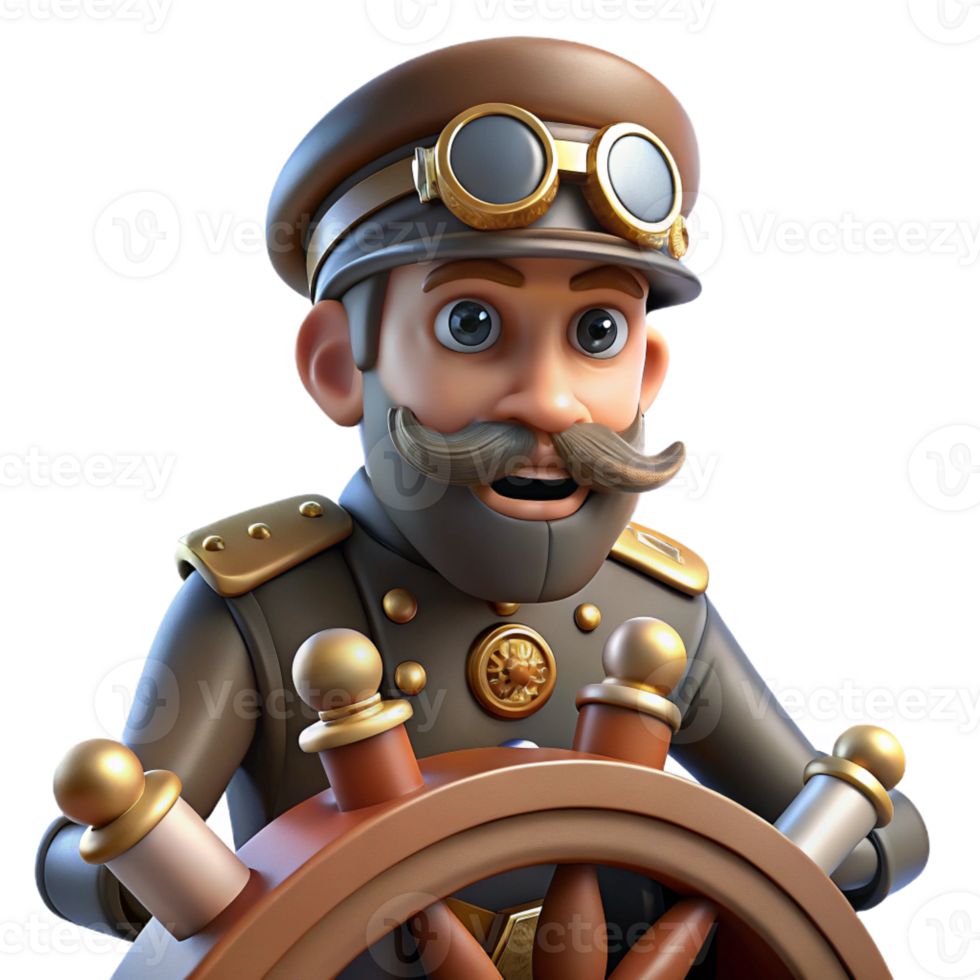 magnificent traditional A steampunk airship captain at the helm of his vessel, with goggles and a determined expression, lit by bright, directional light in a realistic style genuine png