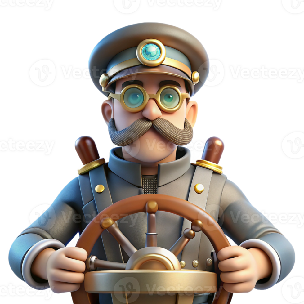 stunning traditional A steampunk airship captain at the helm of his vessel, with goggles and a determined expression, lit by bright, directional light in a realistic style detailed png