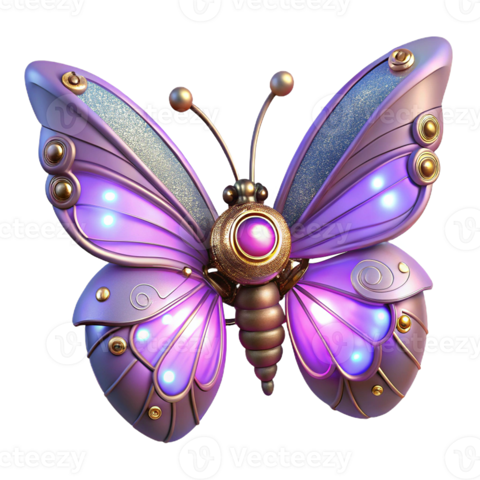 elegant traditional A delicate steampunk butterfly with intricate clockwork wings and glowing antennae, lit by soft purple light in a whimsical, dreamlike style high resolution png
