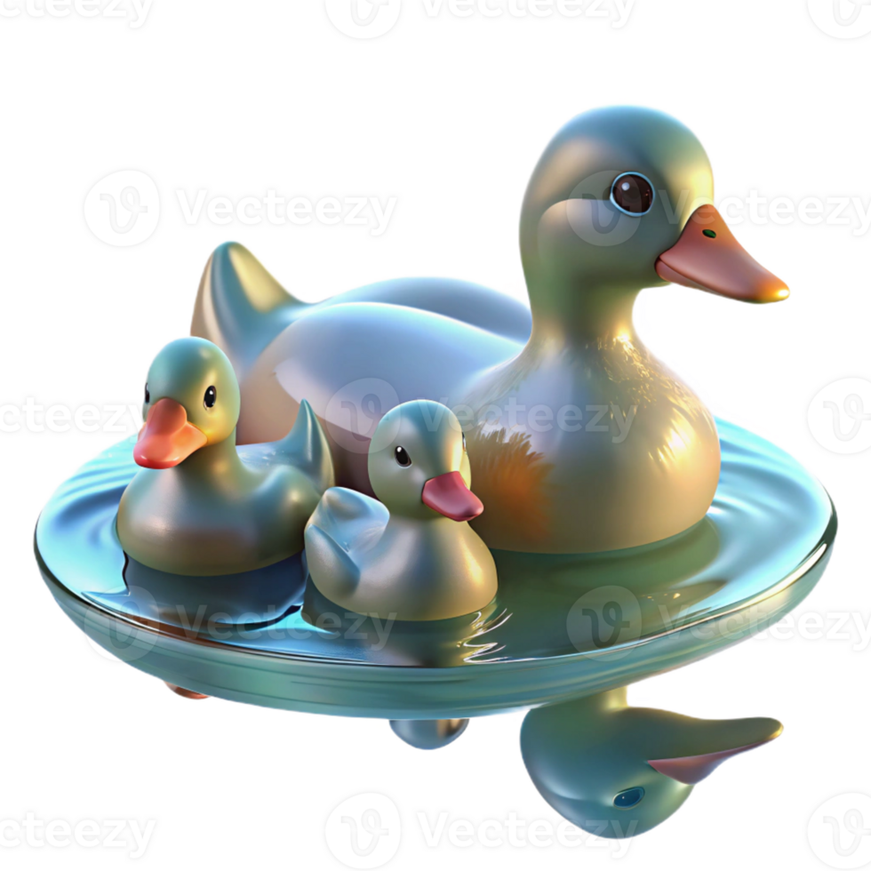 stunning minimalist A family of ducks swimming in a pond, their reflections shimmering on the water's surface. Impressionistic style, with soft focus and pastel colors professional png