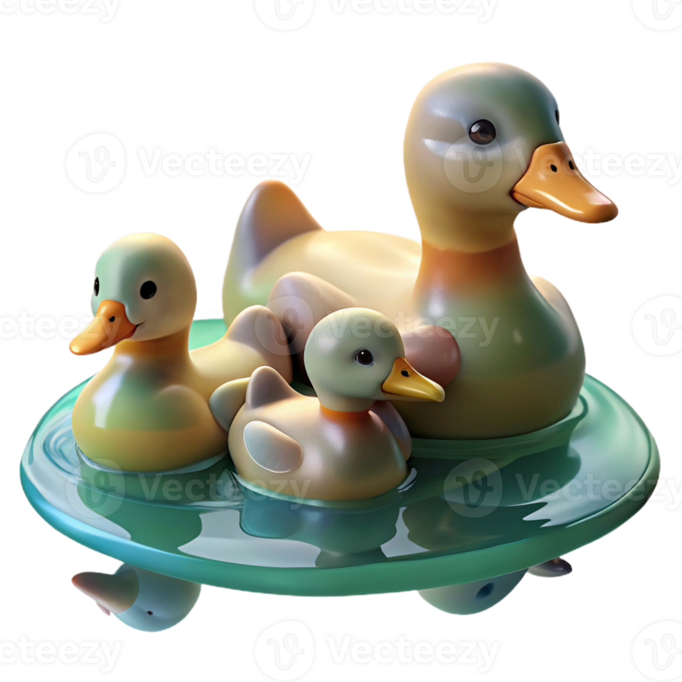 magnificent contemporary A family of ducks swimming in a pond, their reflections shimmering on the water's surface. Impressionistic style, with soft focus and pastel colors authentic png