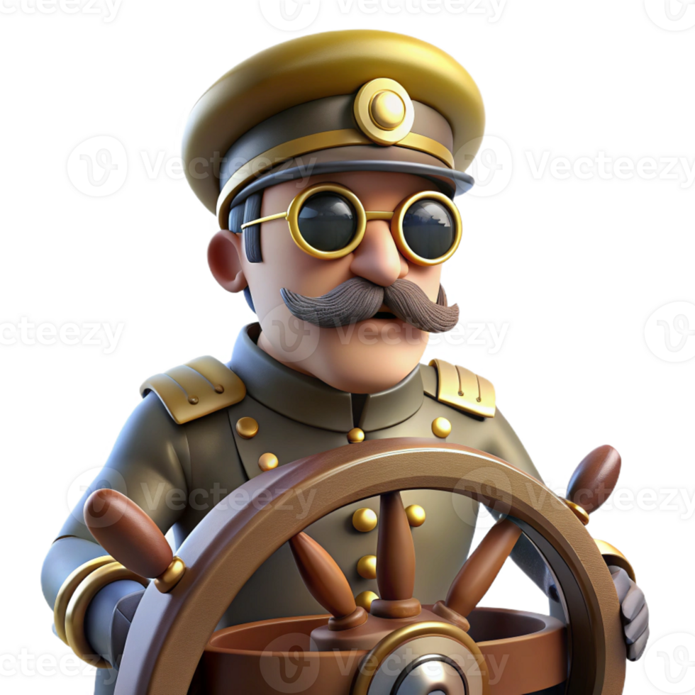 stunning artistic A steampunk airship captain at the helm of his vessel, with goggles and a determined expression, lit by bright, directional light in a realistic style original png