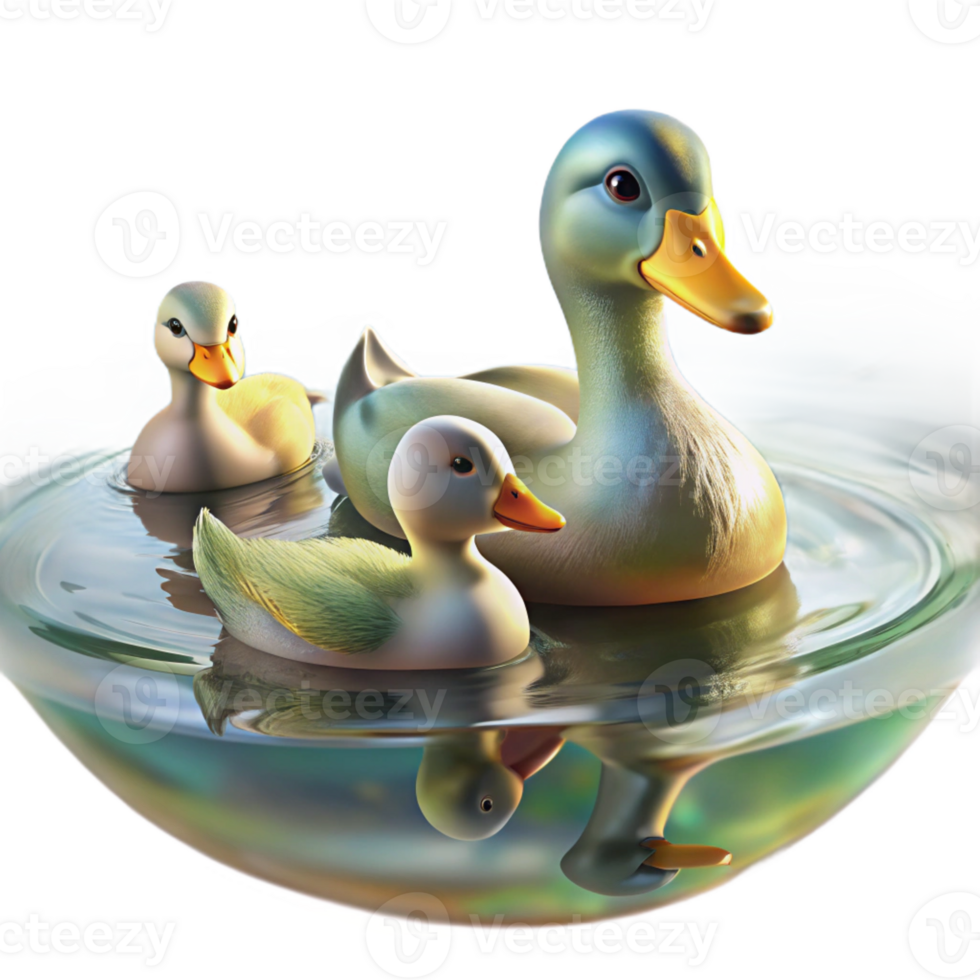 vibrant modern A family of ducks swimming in a pond, their reflections shimmering on the water's surface. Impressionistic style, with soft focus and pastel colors detailed png