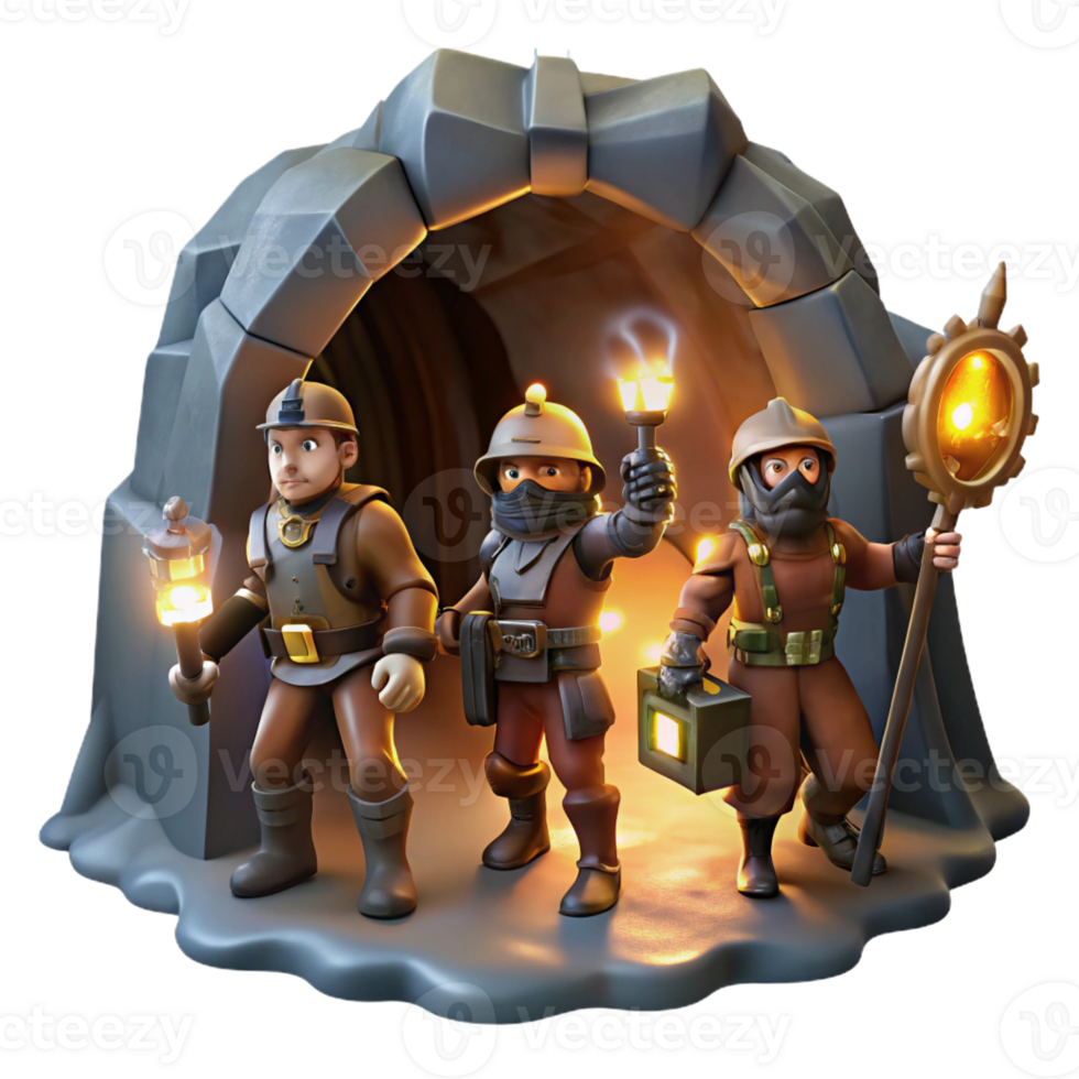 serene artistic A group of steampunk explorers venturing into a mysterious cave, equipped with intricate gadgets and weapons, lit by flickering torchlight in a dramatic, cinematic style original png