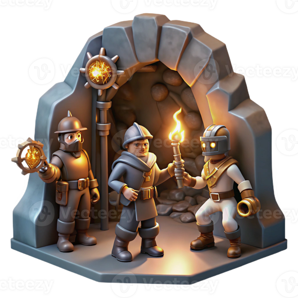 stunning minimalist A group of steampunk explorers venturing into a mysterious cave, equipped with intricate gadgets and weapons, lit by flickering torchlight in a dramatic, cinematic style genuine png