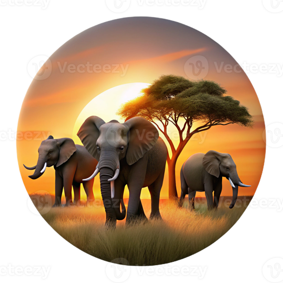 vibrant classic A herd of elephants walking across the savanna, silhouetted against a fiery sunset. Digital painting, with a warm color palette and dramatic lighting original png