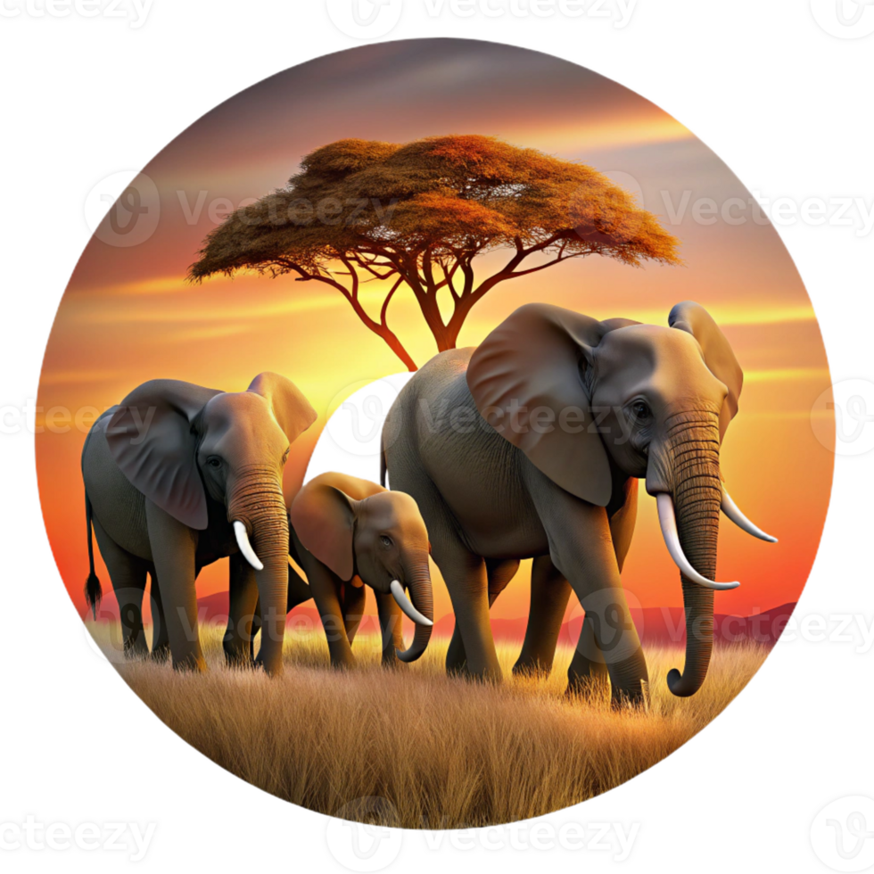 elegant rustic A herd of elephants walking across the savanna, silhouetted against a fiery sunset. Digital painting, with a warm color palette and dramatic lighting high quality png