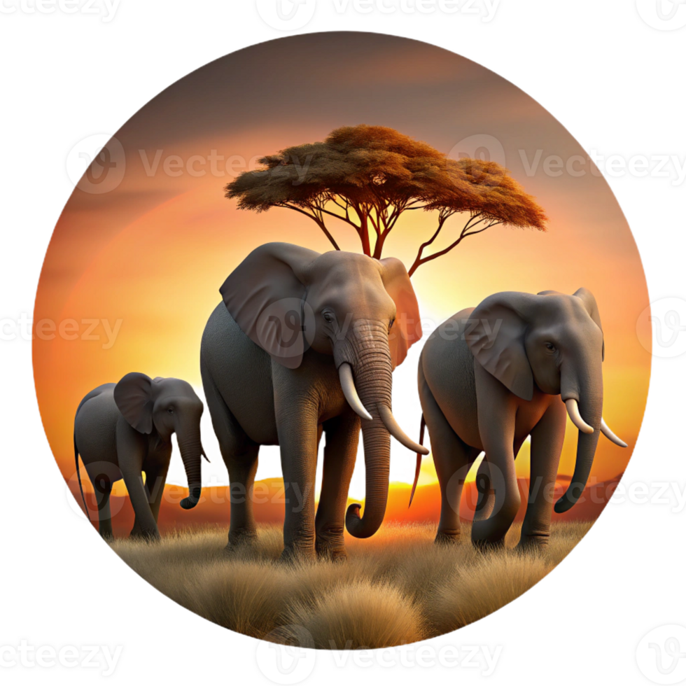 serene vintage A herd of elephants walking across the savanna, silhouetted against a fiery sunset. Digital painting, with a warm color palette and dramatic lighting 4K png