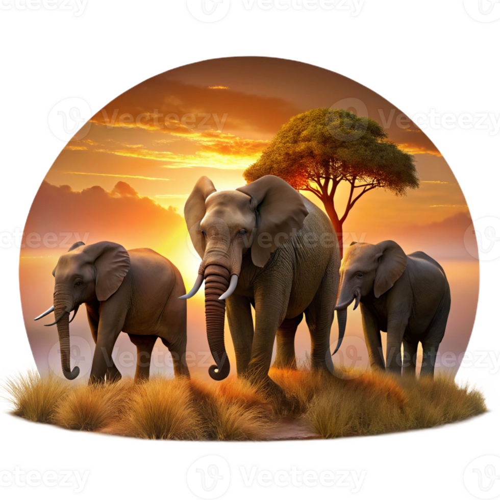 serene classic A herd of elephants walking across the savanna, silhouetted against a fiery sunset. Digital painting, with a warm color palette and dramatic lighting professional png