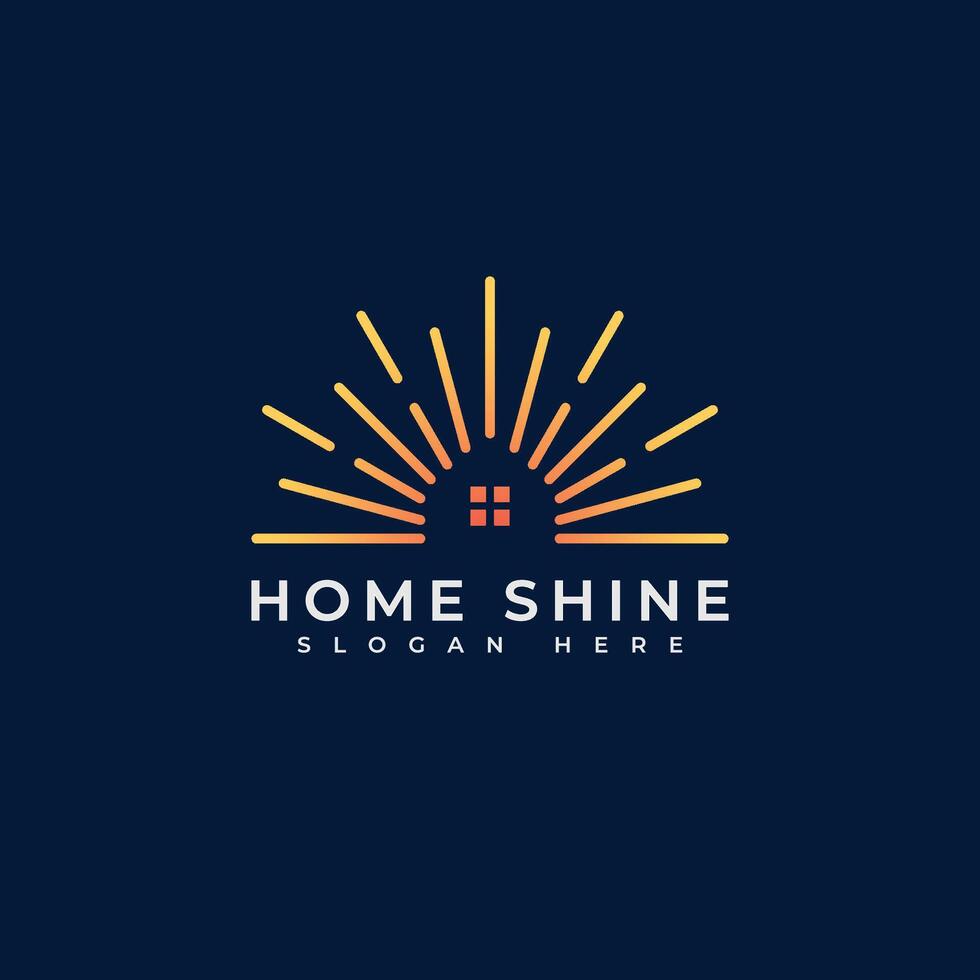 Abstract Sun Home Logo. Geometric Lines Half Sun Rays Shaped House. vector