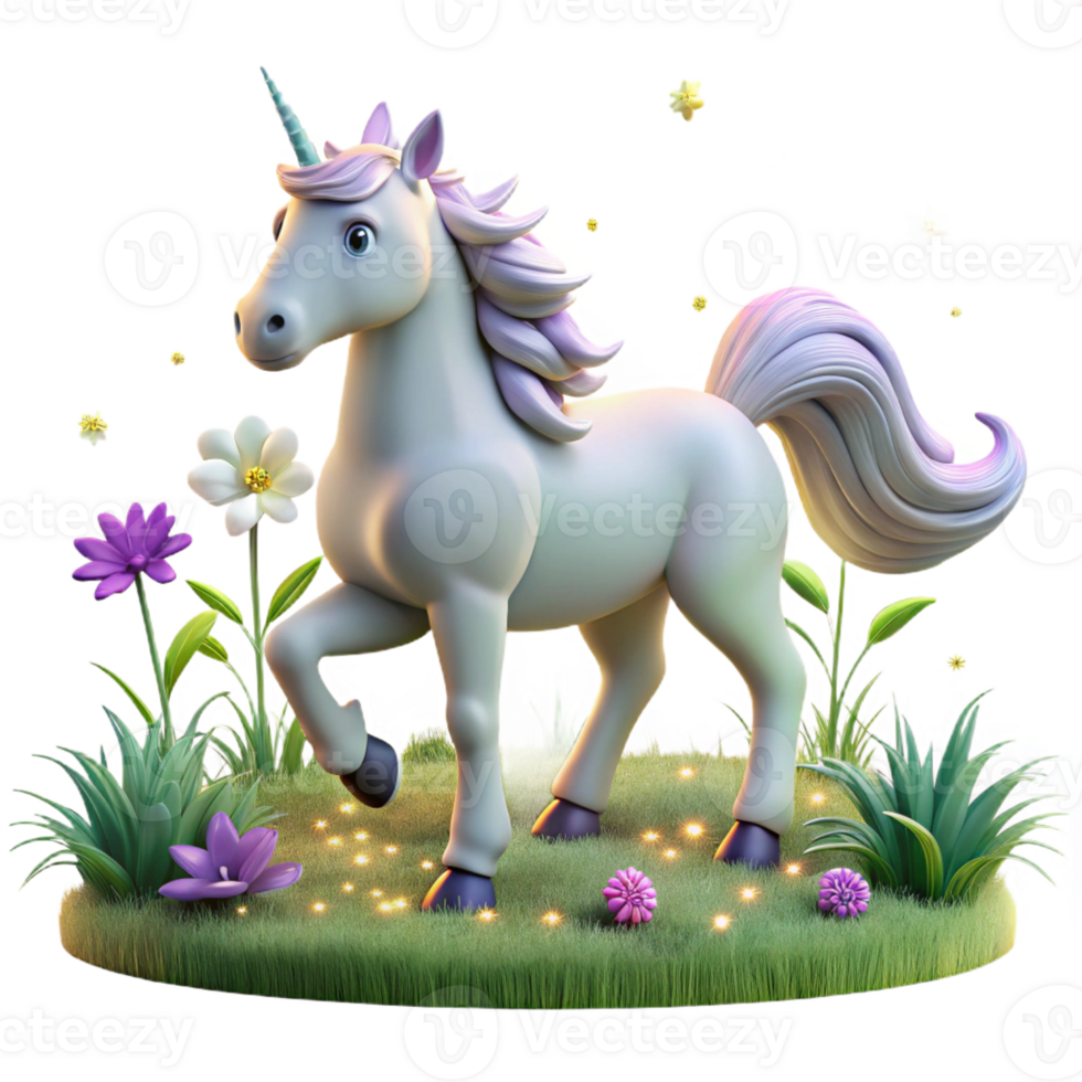 impressive modern A mystical unicorn with a glowing horn, prancing through a meadow of wildflowers, soft, magical lighting, Romantic style high resolution png