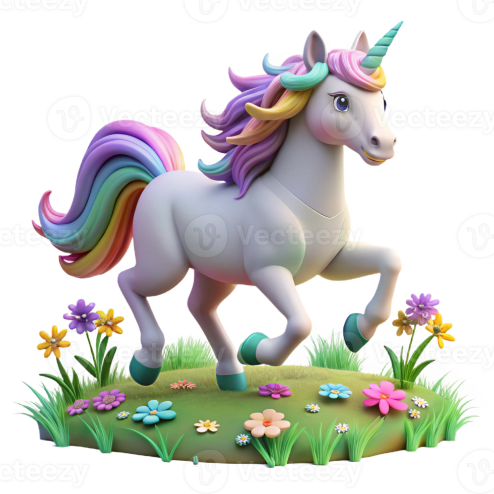 serene artistic A majestic unicorn with a rainbow mane and tail, galloping across a field of wildflowers. Dreamlike, pastel lighting. Fantasy art style original png