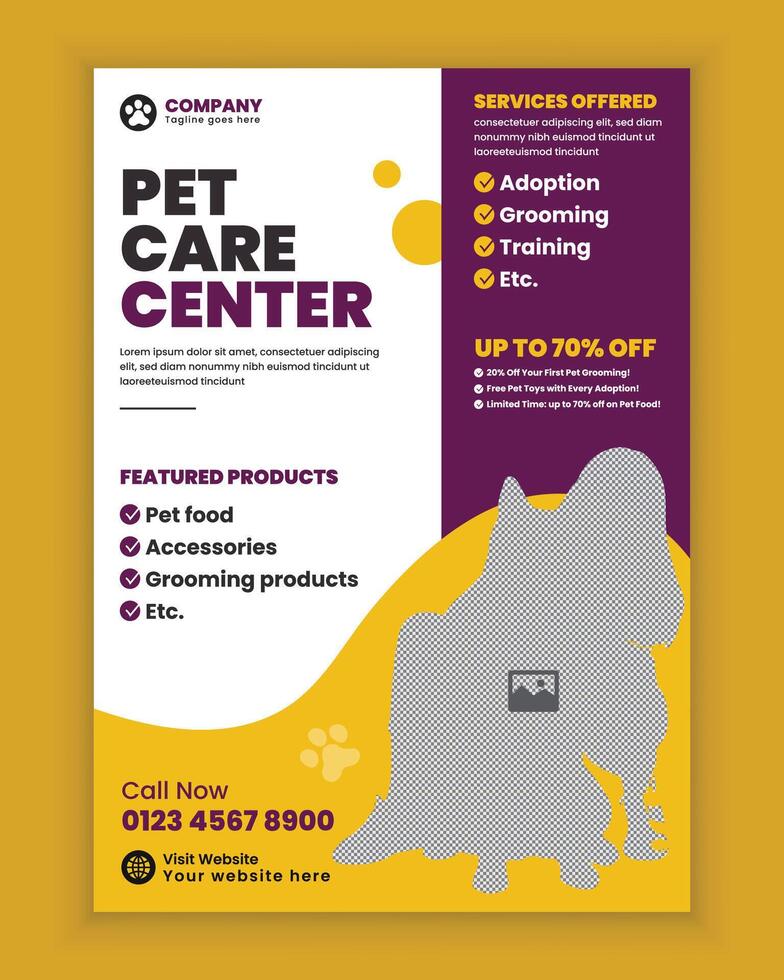 Pet Shop Flyer Design or Pet Adoption and Pet Care A4 Flyer template vector