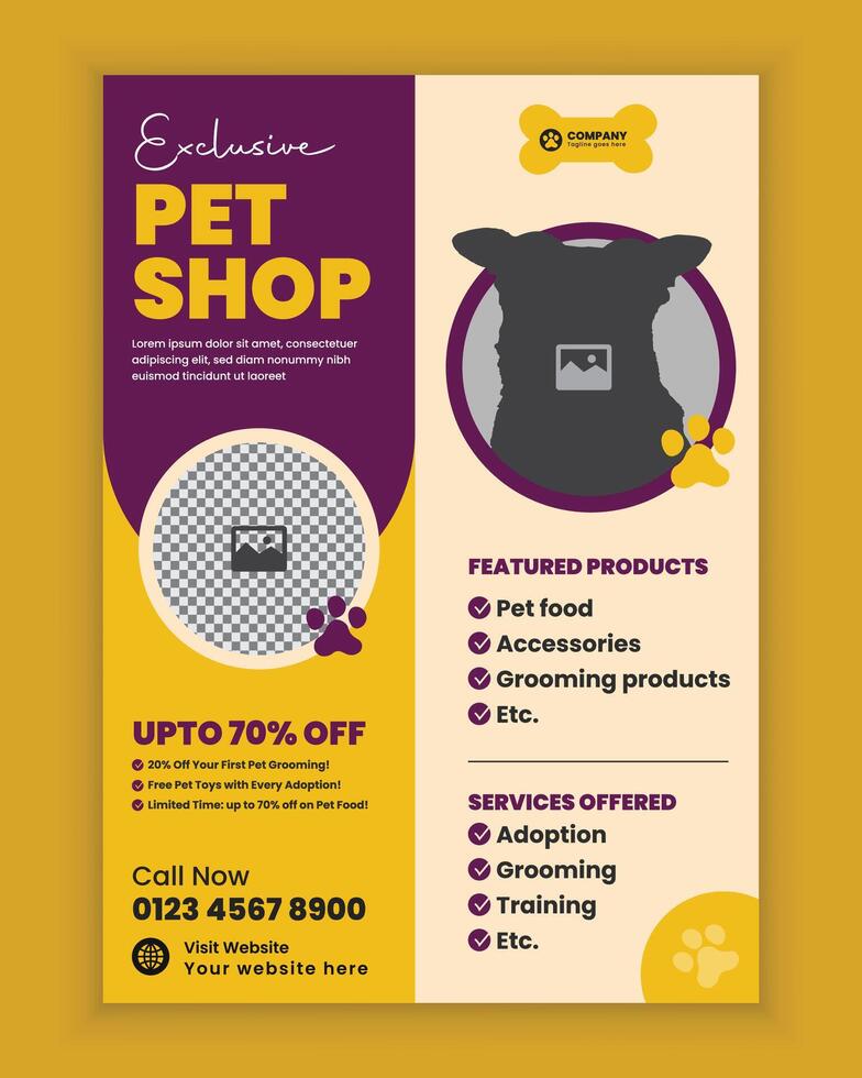 Pet Shop Flyer Design or Pet Adoption and Pet Care A4 Flyer template layout vector