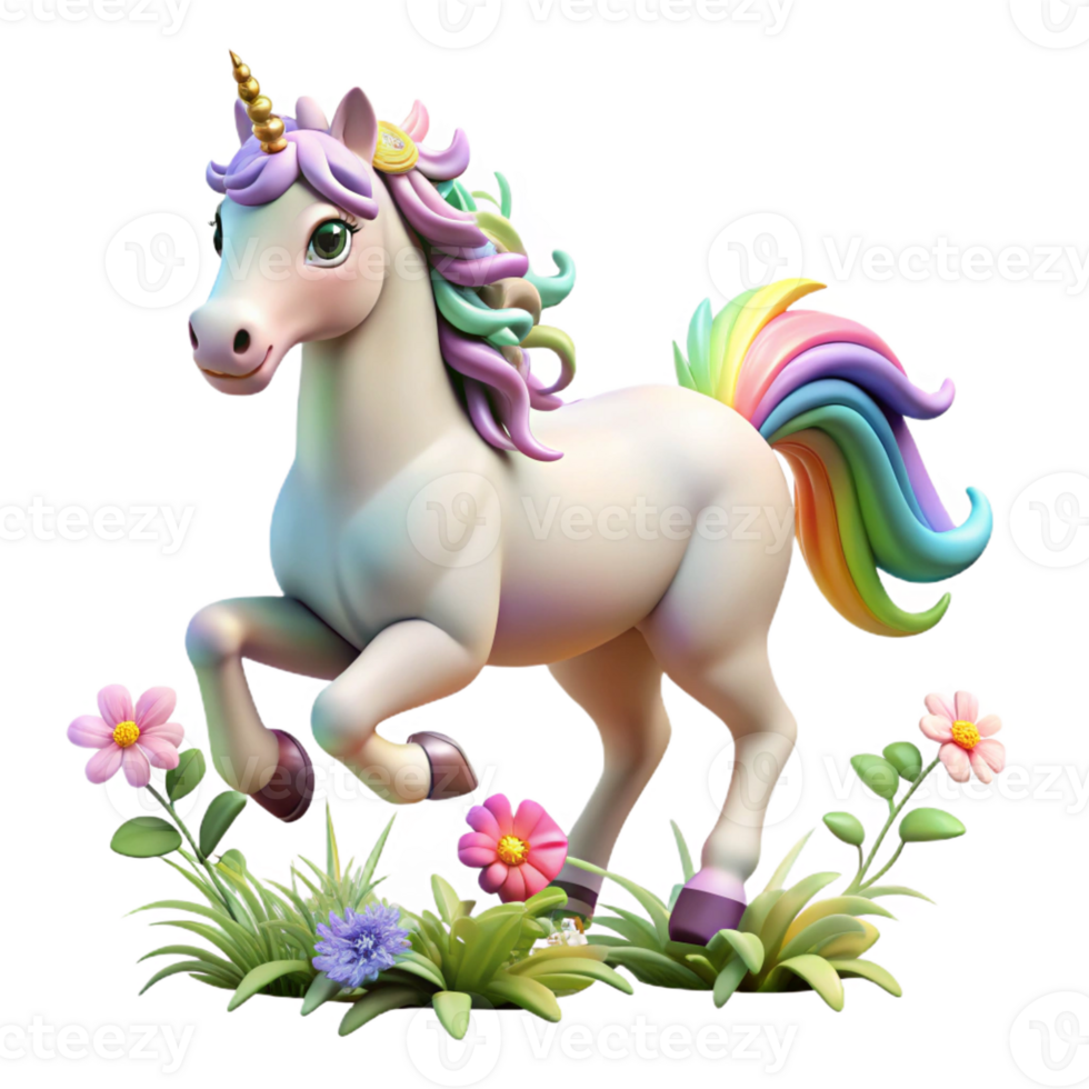 elegant artistic A majestic unicorn with a rainbow mane and tail, galloping across a field of wildflowers. Dreamlike, pastel lighting. Fantasy art style high resolution png