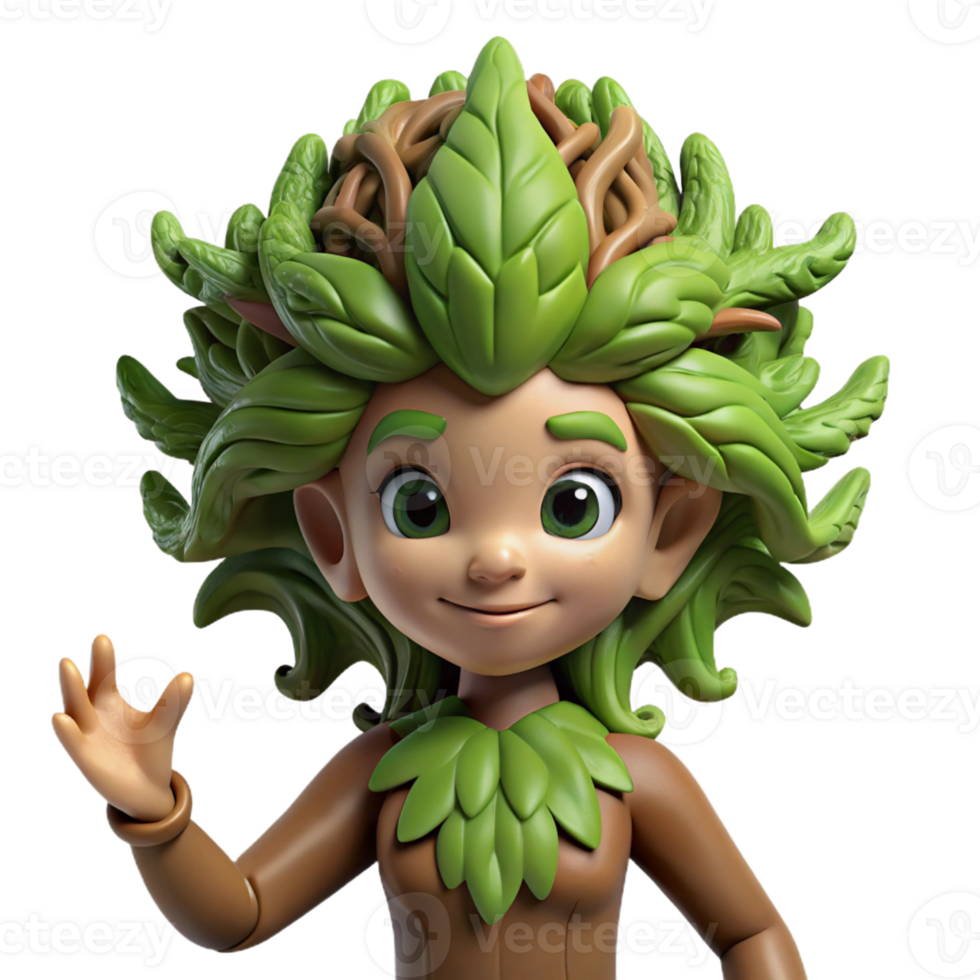 serene artistic A playful dryad with bark-like skin and leafy hair, emerging from a giant oak tree. Soft, natural lighting. Art Nouveau style detailed png
