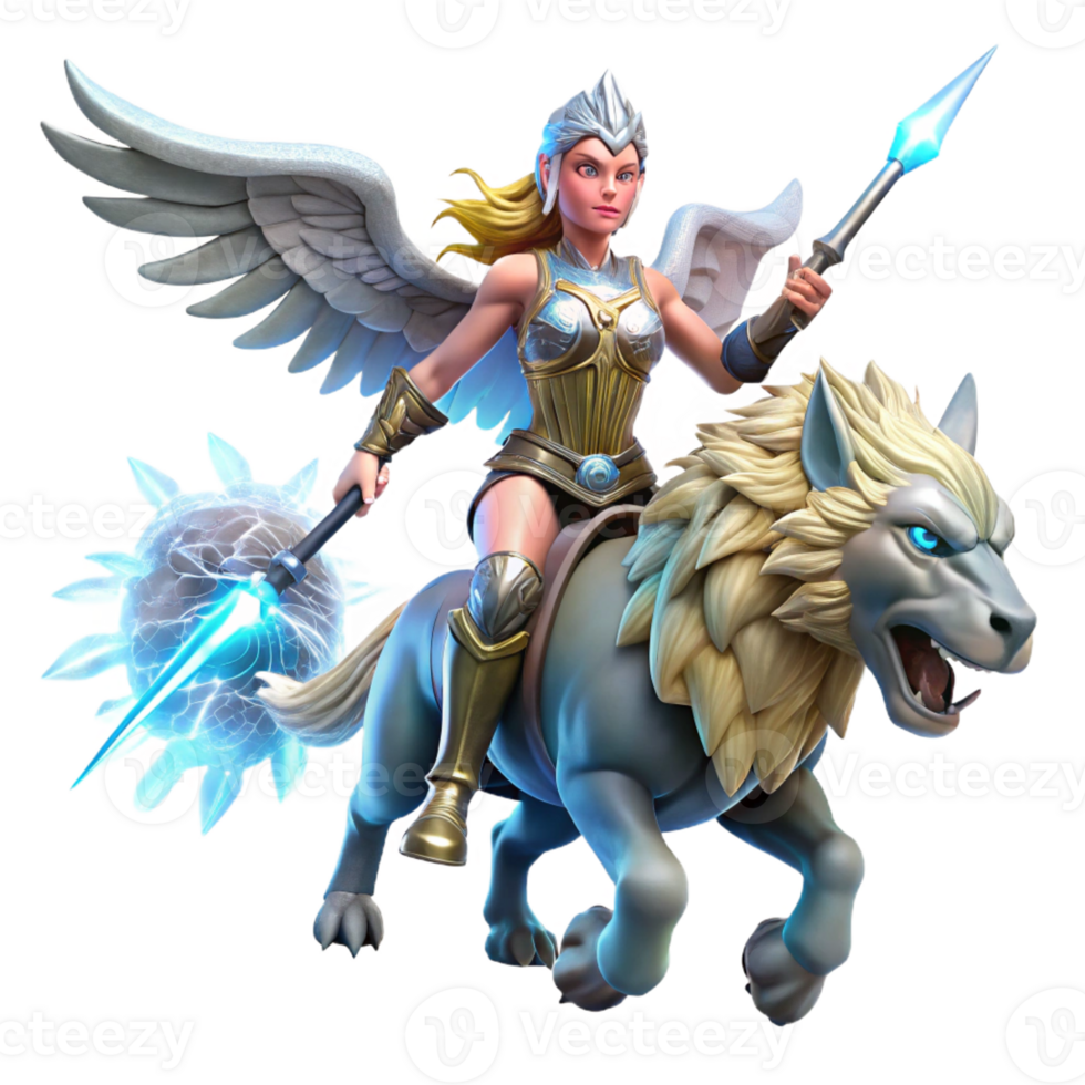 impressive traditional A fierce warrior queen, armed with a crystal sword and shield, riding a majestic griffin through a storm. Dramatic lighting with lightning strikes. Comic book style exclusive png