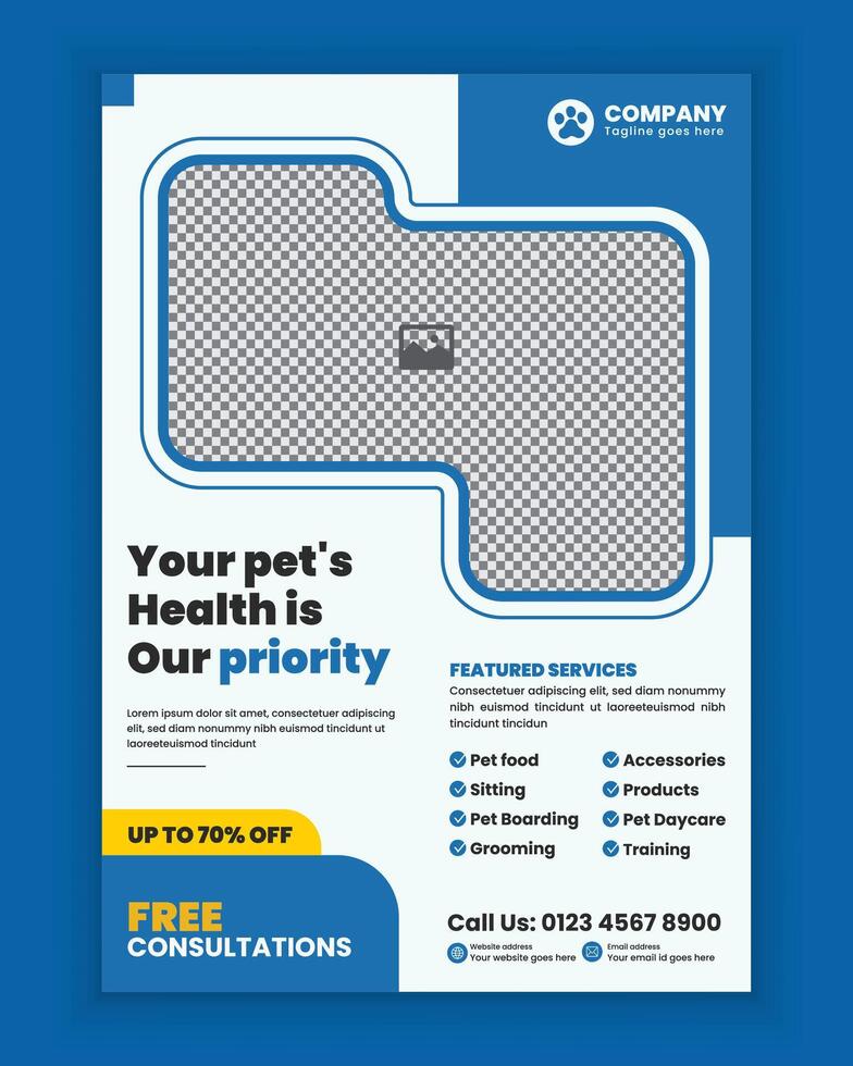 Pet care center flyer design template or pet adoption poster design, pet business a4-sized flyer template vector
