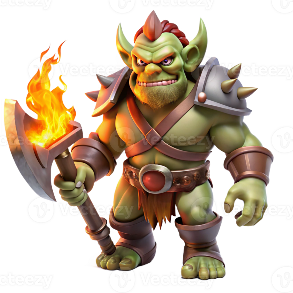 dramatic classic A fearsome orc with tusks and war paint, wielding a massive battleaxe, lit by the flickering flames of a bonfire. Barbarian fantasy style exclusive png