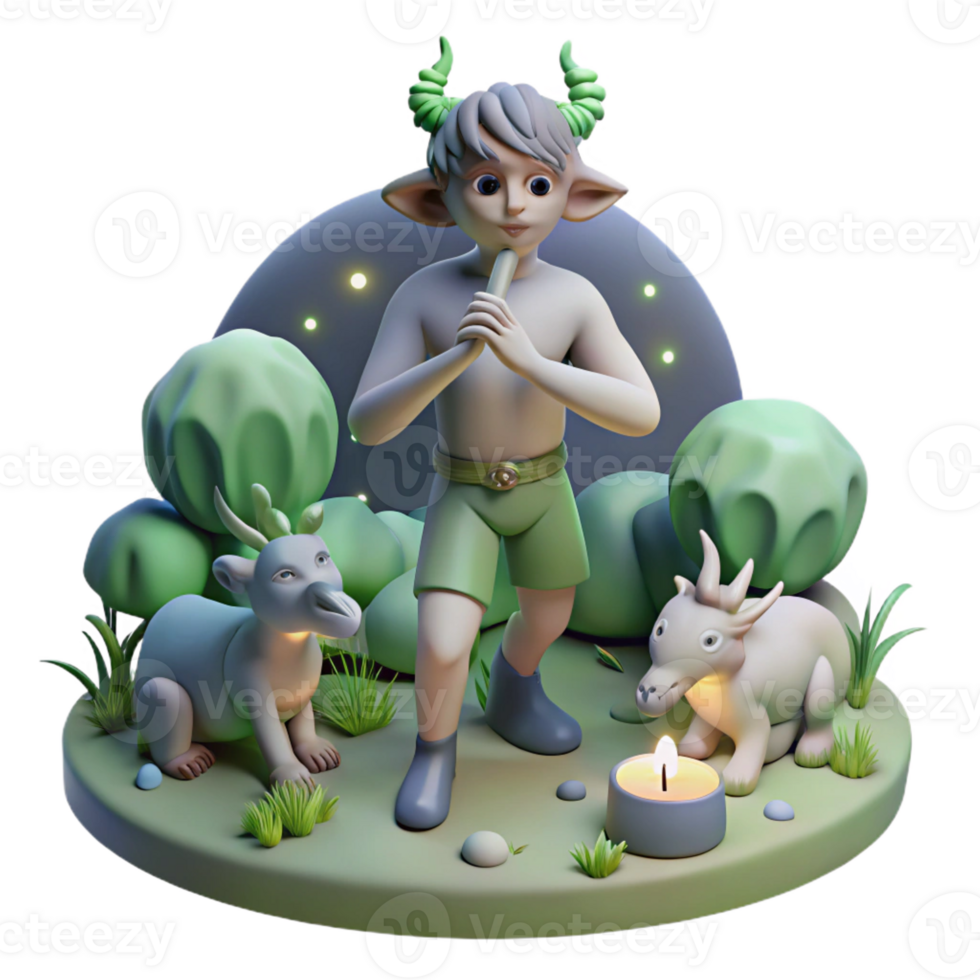 dramatic abstract A mischievous satyr playing a pan flute, surrounded by dancing nymphs in a moonlit glade. Dreamlike, ethereal style exclusive png