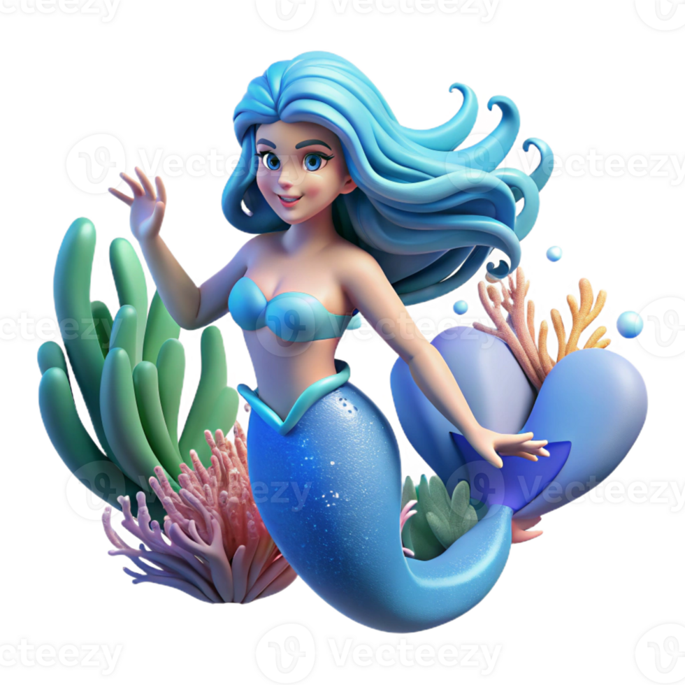 beautiful rustic A serene mermaid with flowing blue hair and a shimmering tail, swimming among coral reefs, lit by the underwater sunlight. Oceanic fantasy style original png