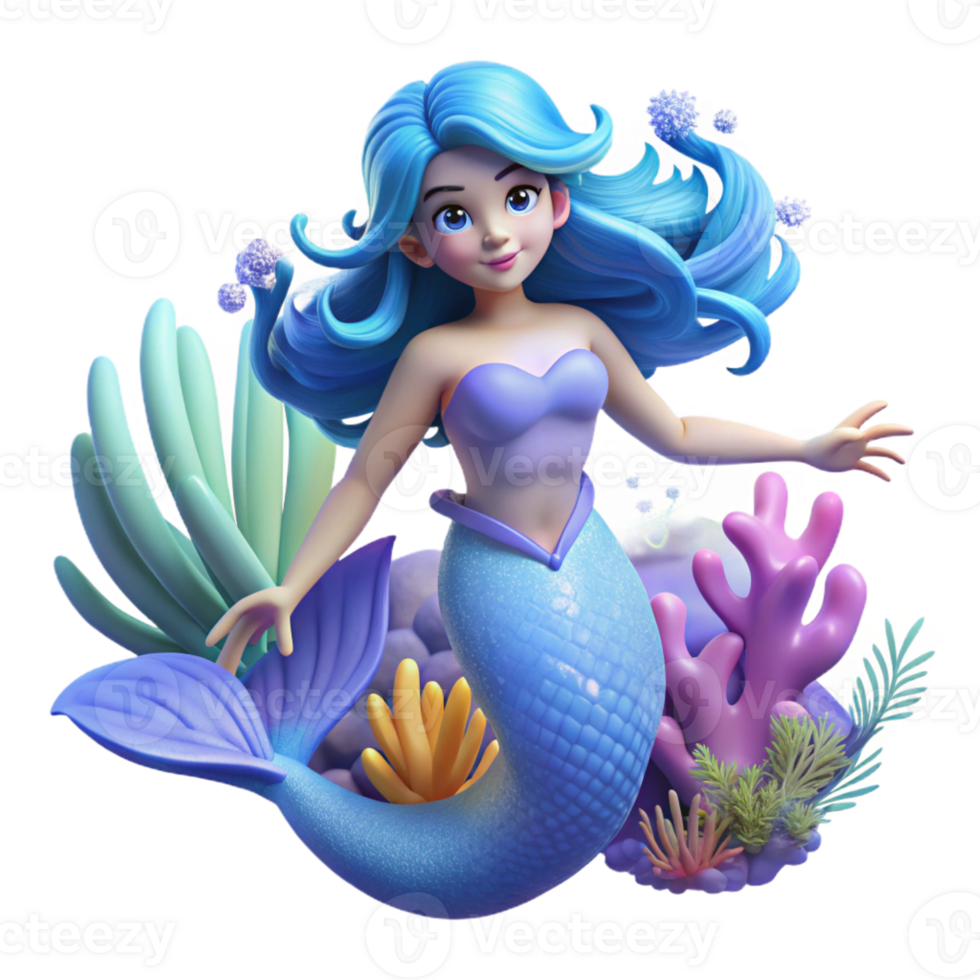 serene modern A serene mermaid with flowing blue hair and a shimmering tail, swimming among coral reefs, lit by the underwater sunlight. Oceanic fantasy style authentic png