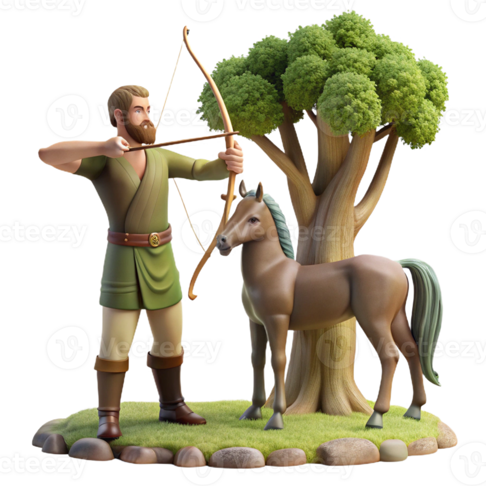 stunning contemporary A wise old centaur teaching archery to a young human, under the dappled sunlight filtering through ancient trees. Classical, realistic style original png