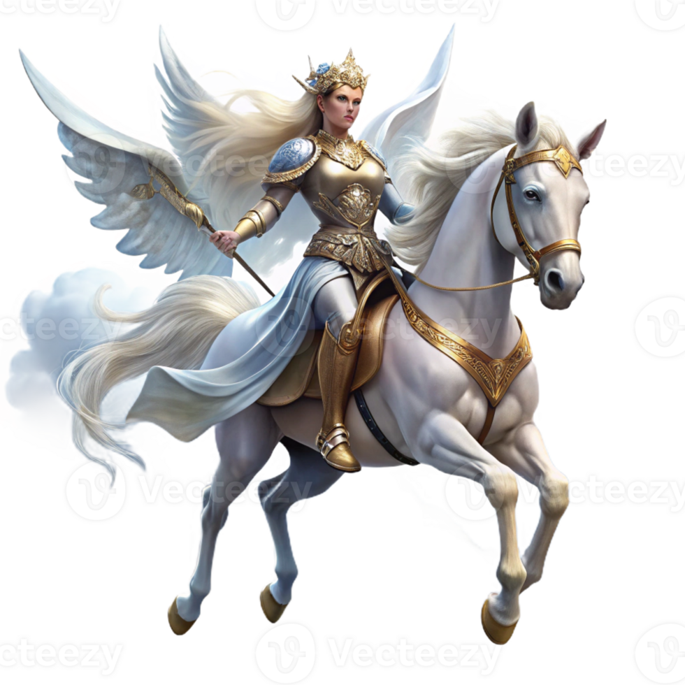 impressive creative A beautiful Valkyrie with gleaming armor and flowing white robes, riding a winged horse through a stormy sky. Dramatic, cinematic lighting. Digital painting style original png
