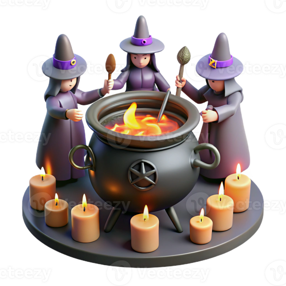 magnificent minimalist A coven of witches brewing a potion in a cauldron, surrounded by arcane symbols and flickering candlelight. Witchcraft fantasy style professional png