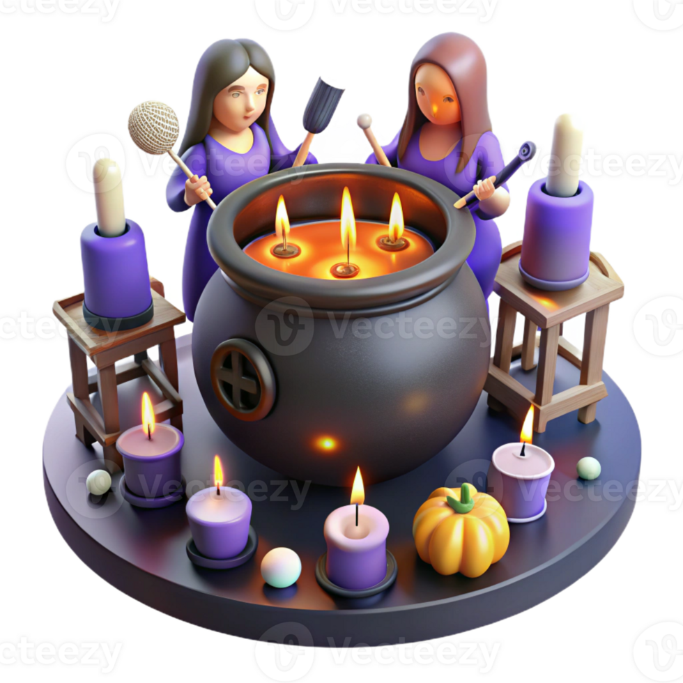 wonderful contemporary A coven of witches brewing a potion in a cauldron, surrounded by arcane symbols and flickering candlelight. Witchcraft fantasy style authentic png