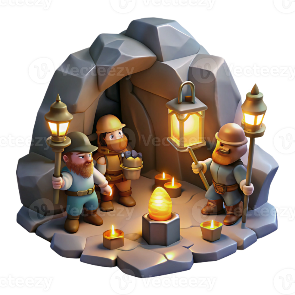 serene modern A group of adventurous dwarves mining for gems in a dimly lit cavern, illuminated by the glow of their lanterns. Dungeons and Dragons style professional png