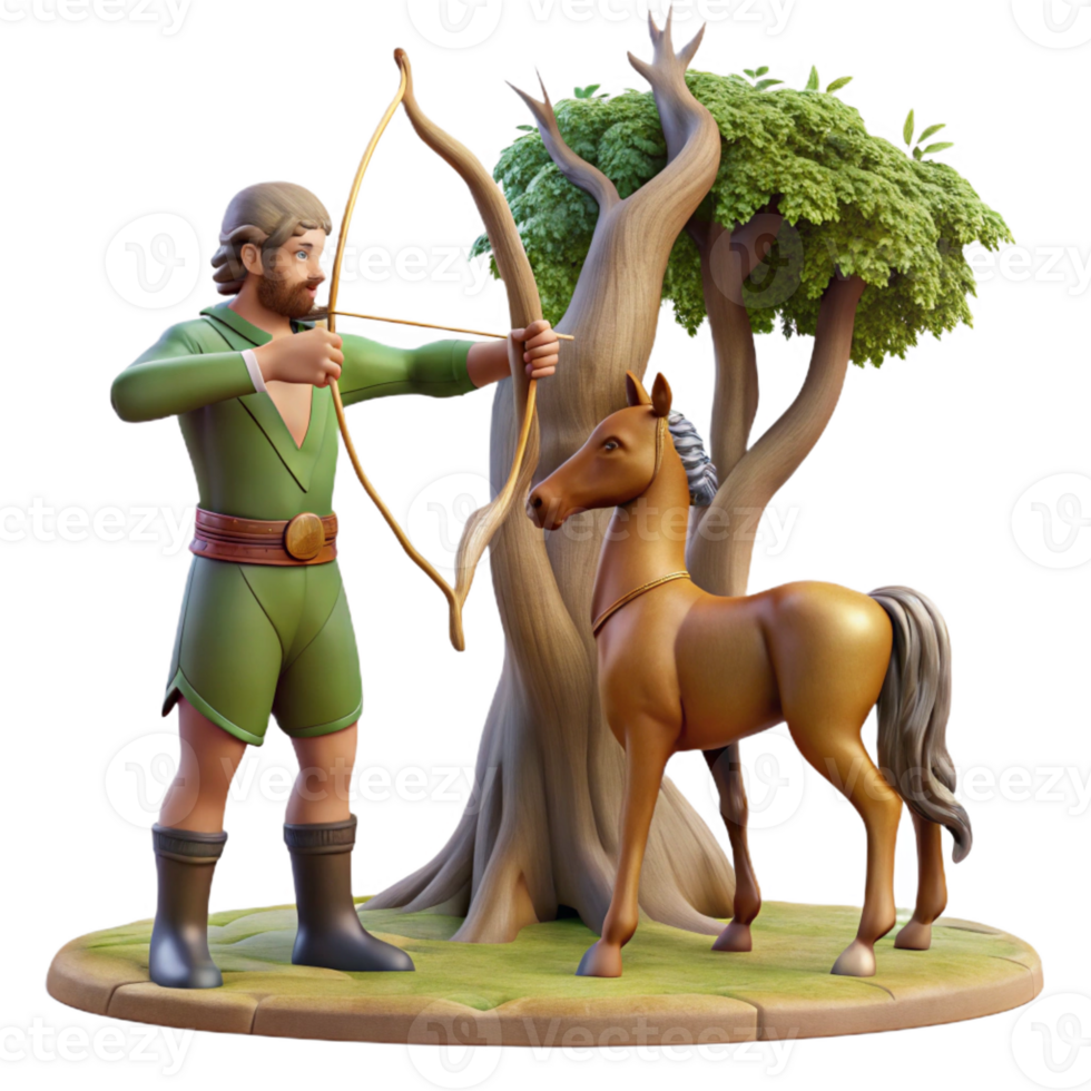 magnificent artistic A wise old centaur teaching archery to a young human, under the dappled sunlight filtering through ancient trees. Classical, realistic style 4K png