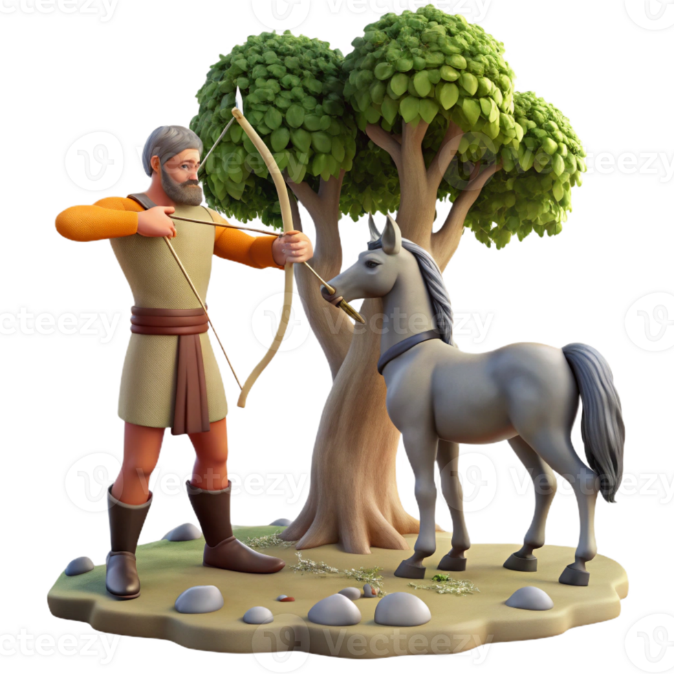 vibrant contemporary A wise old centaur teaching archery to a young human, under the dappled sunlight filtering through ancient trees. Classical, realistic style high resolution png