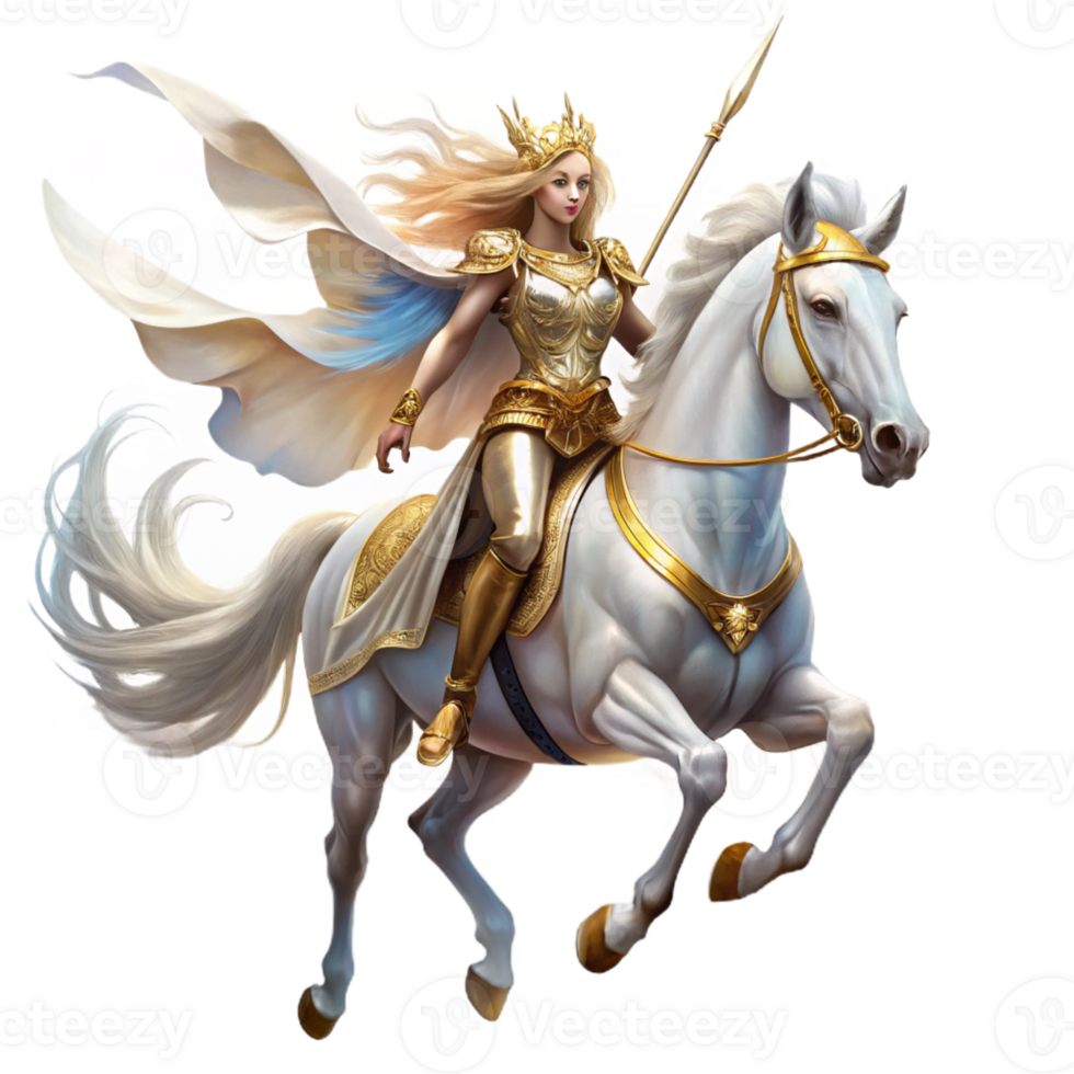 wonderful minimalist A beautiful Valkyrie with gleaming armor and flowing white robes, riding a winged horse through a stormy sky. Dramatic, cinematic lighting. Digital painting style authentic png