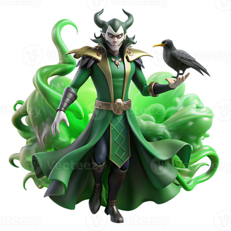 magnificent rustic A cunning Loki shapeshifting into a raven, surrounded by swirling emerald green smoke. Norse mythology, dark fantasy style high resolution png