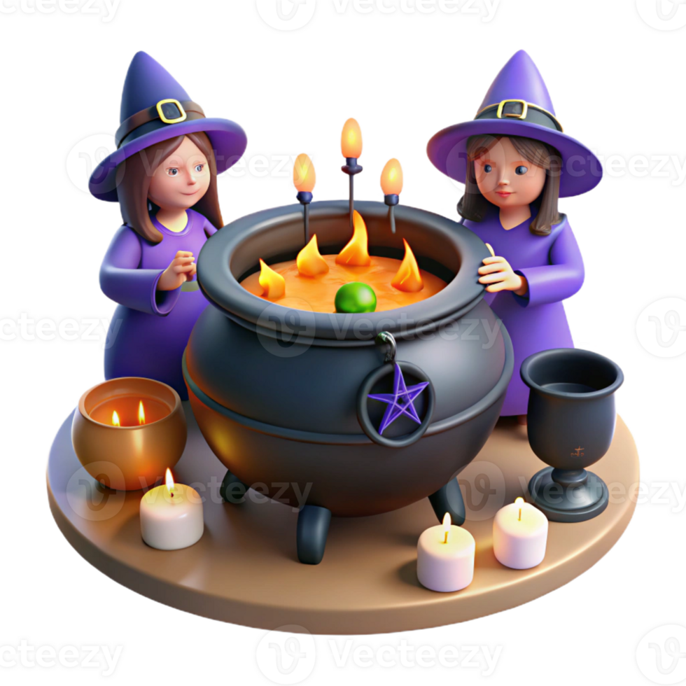 beautiful traditional A coven of witches brewing a potion in a cauldron, surrounded by arcane symbols and flickering candlelight. Witchcraft fantasy style professional png