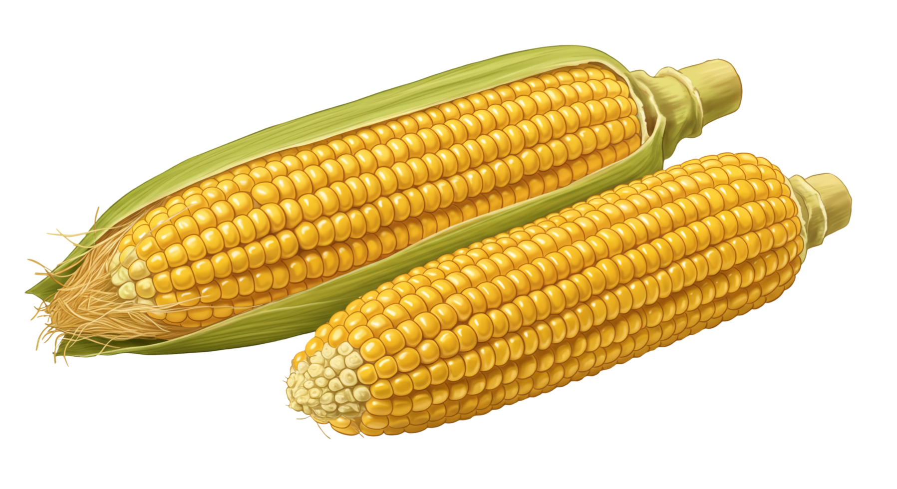 Realistic illustration of two fresh corn cobs with bright yellow kernels png