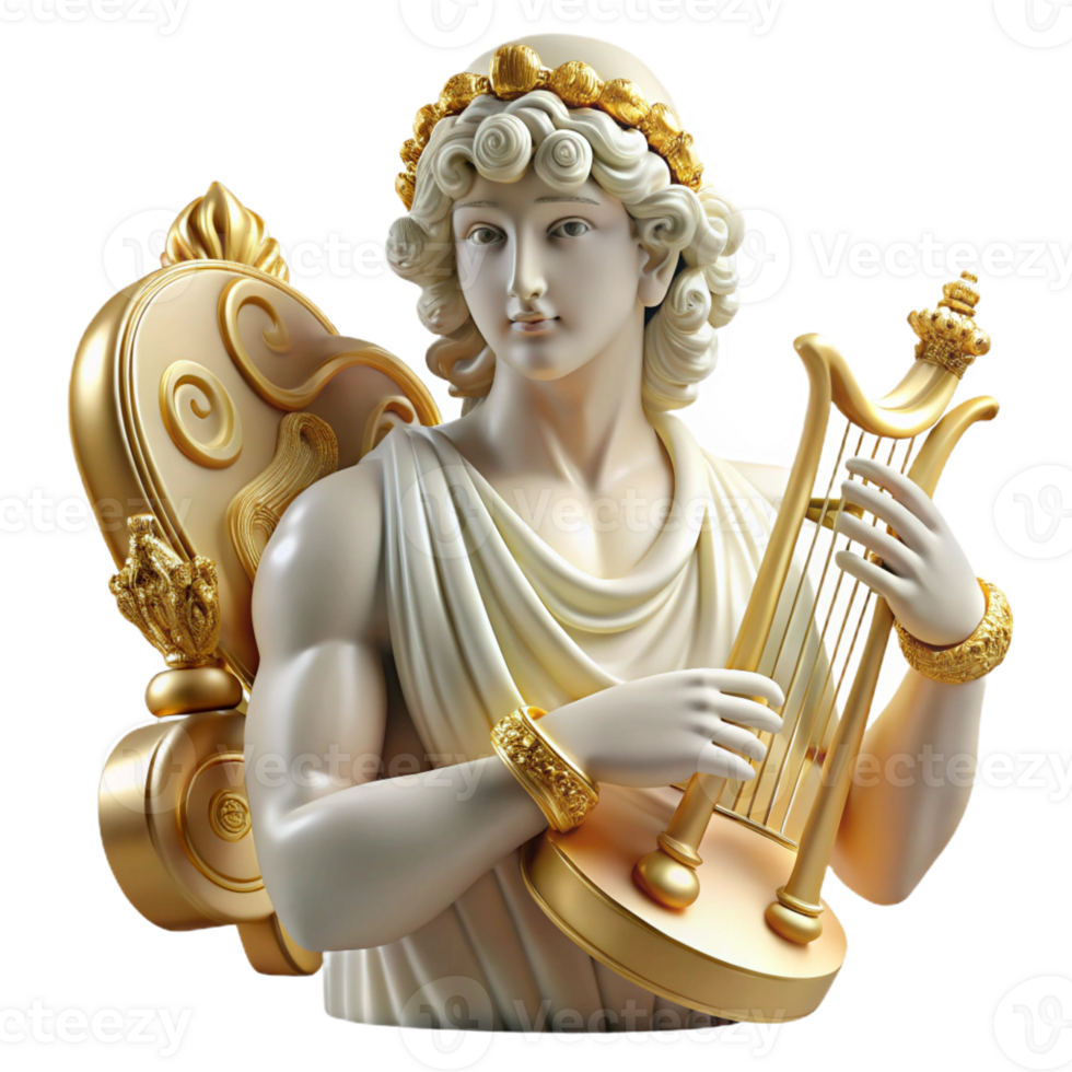 impressive artistic A radiant Apollo playing a golden lyre, surrounded by muses. Classical Greek sculpture style genuine png