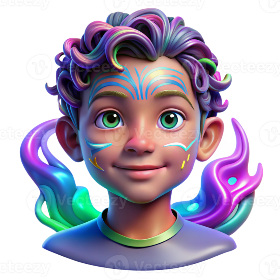 impressive creative Portrait of a child with vibrant face paint swirling in abstract patterns, lit by colorful neon lights, pop art style high quality png
