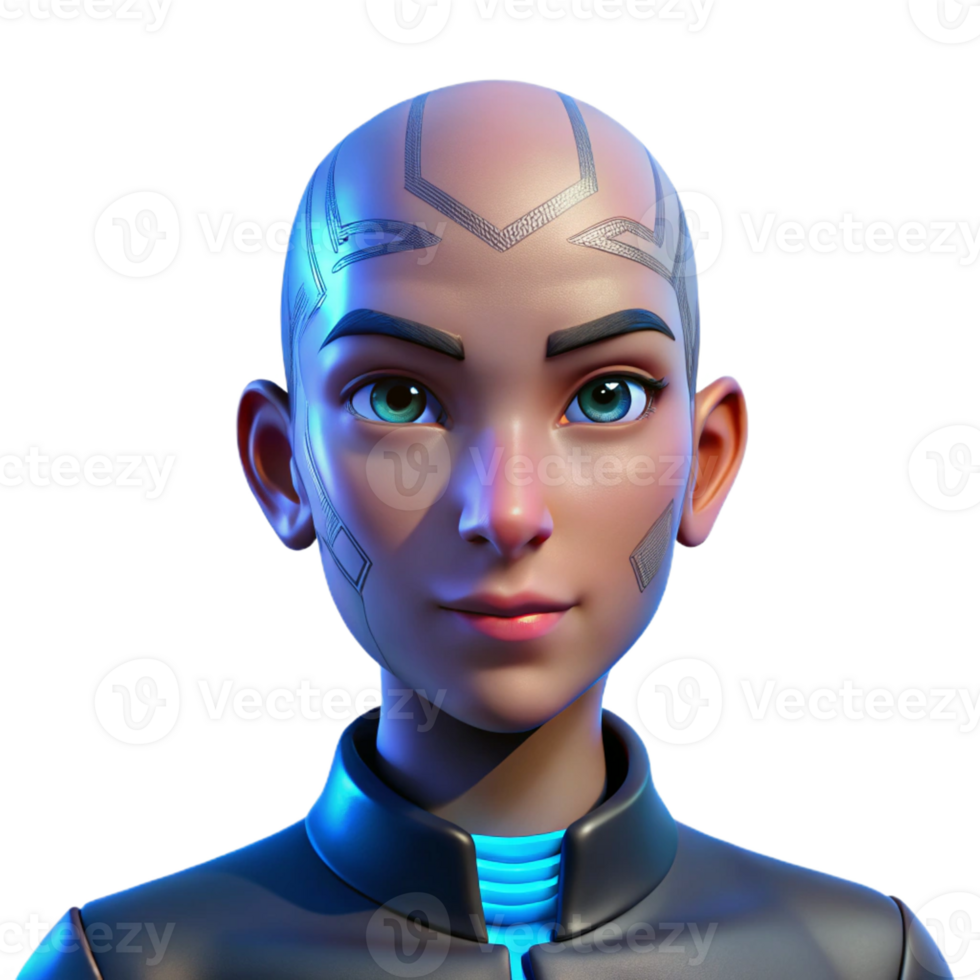 beautiful contemporary Portrait of a nonbinary person with shaved head and intricate facial tattoos, lit by a cool, blue side light, cyberpunk style premium png