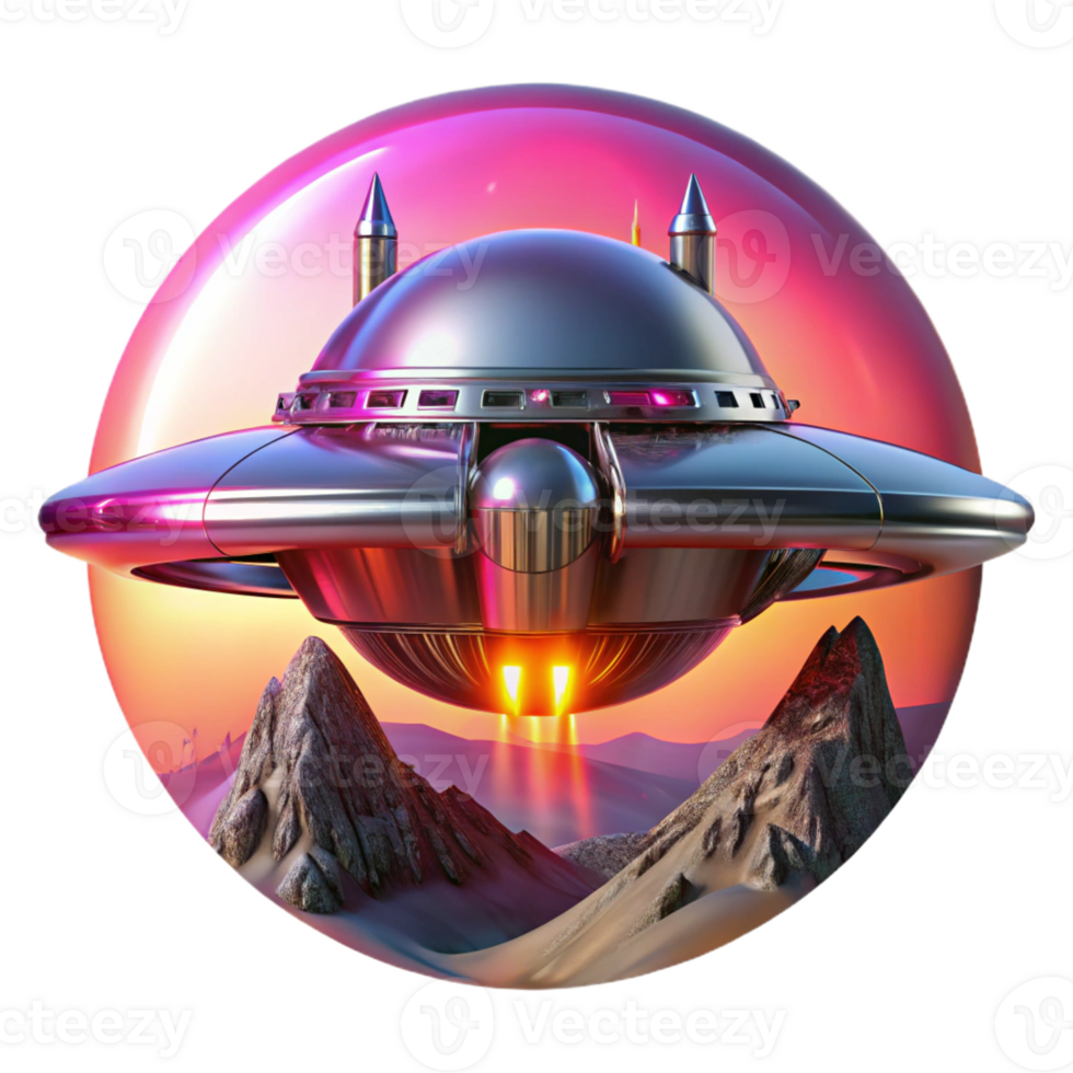 extraordinary artistic A sleek, chrome spaceship, adorned with intricate neon circuitry, descends towards a desolate, alien planet, crimson sunset lighting, cyberpunk style exclusive png